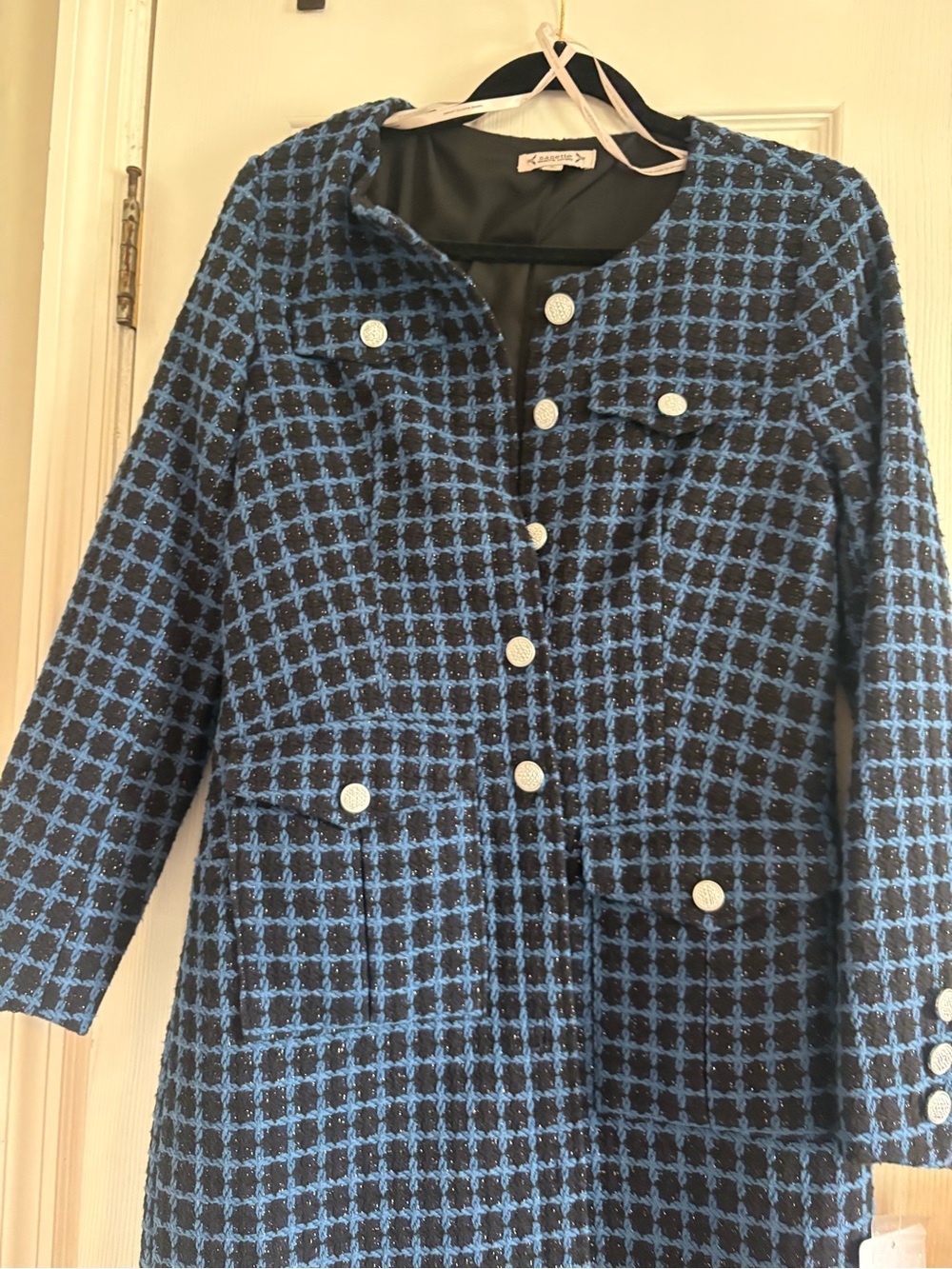 Nanette Lepore Black and Blue Tweed Collarless Plaid Blazer